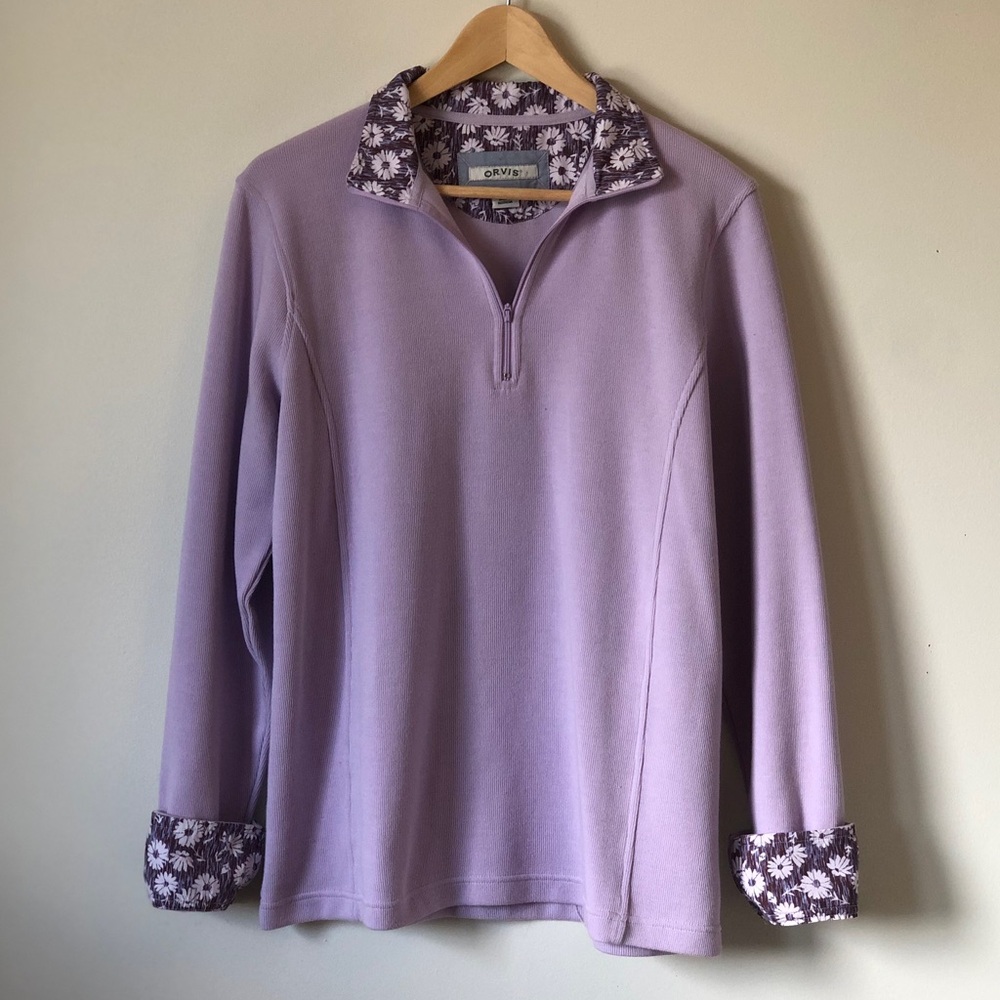 Orvis lavender 1/4 zip pullover -women’s size large -contrast floral fine knit